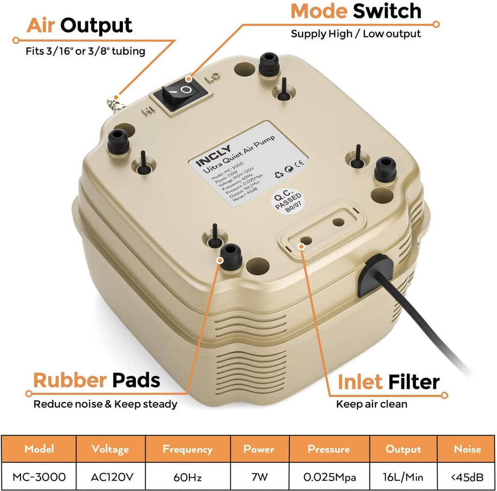 Beige aquarium air pump top panel with ports, mode switch, and inlet filter