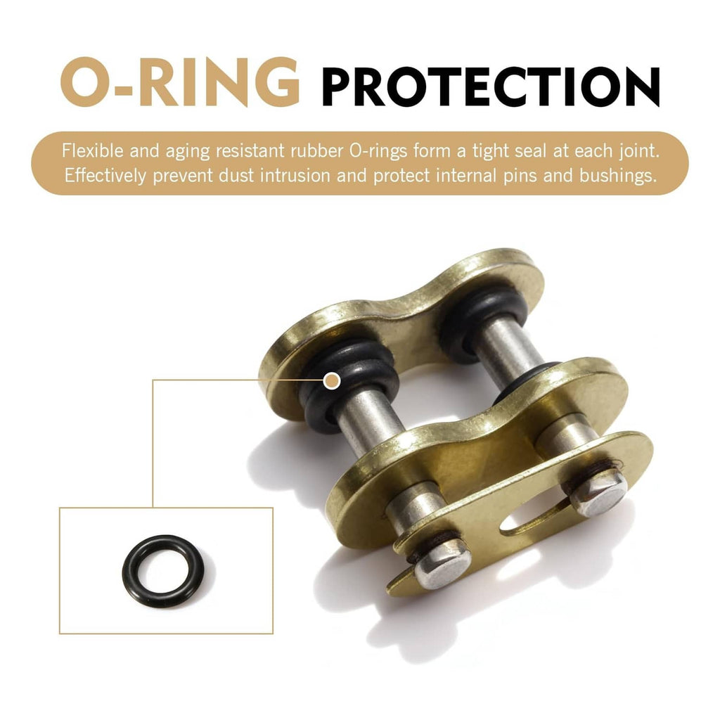 Gold 428 chain master link with O-ring seals on the pin ends