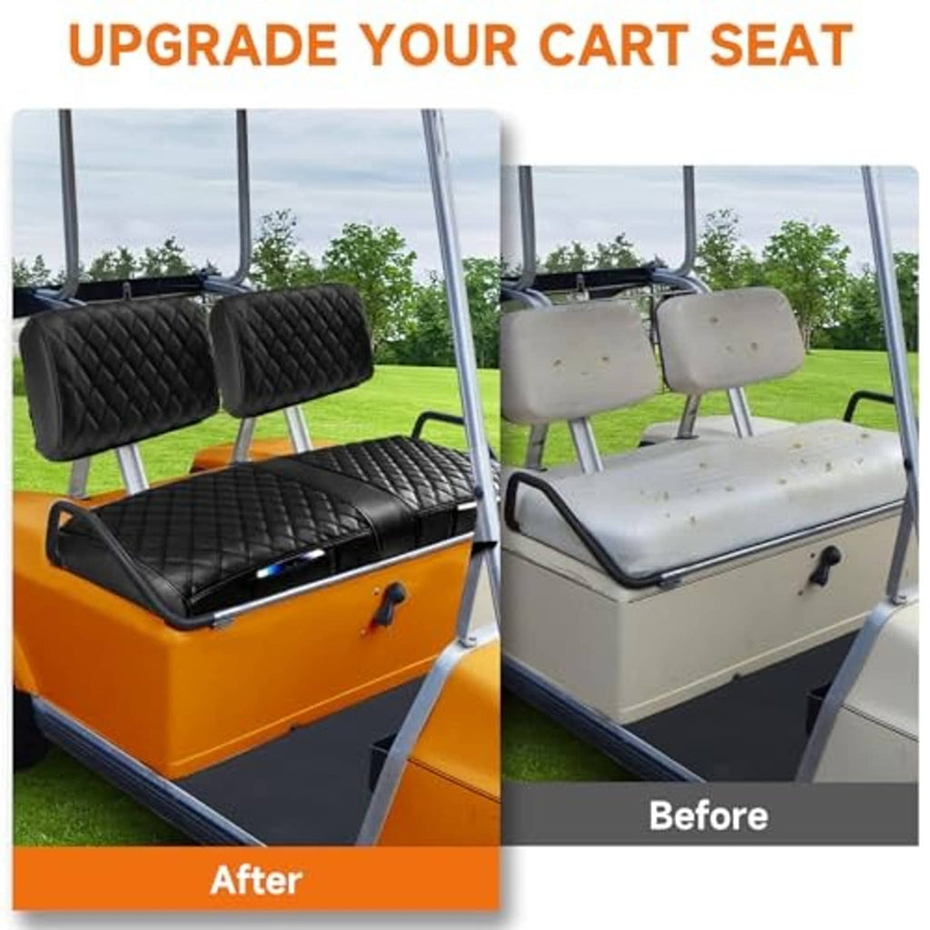 Black quilted golf cart seat cover installed, shown with a lighter seat before cover