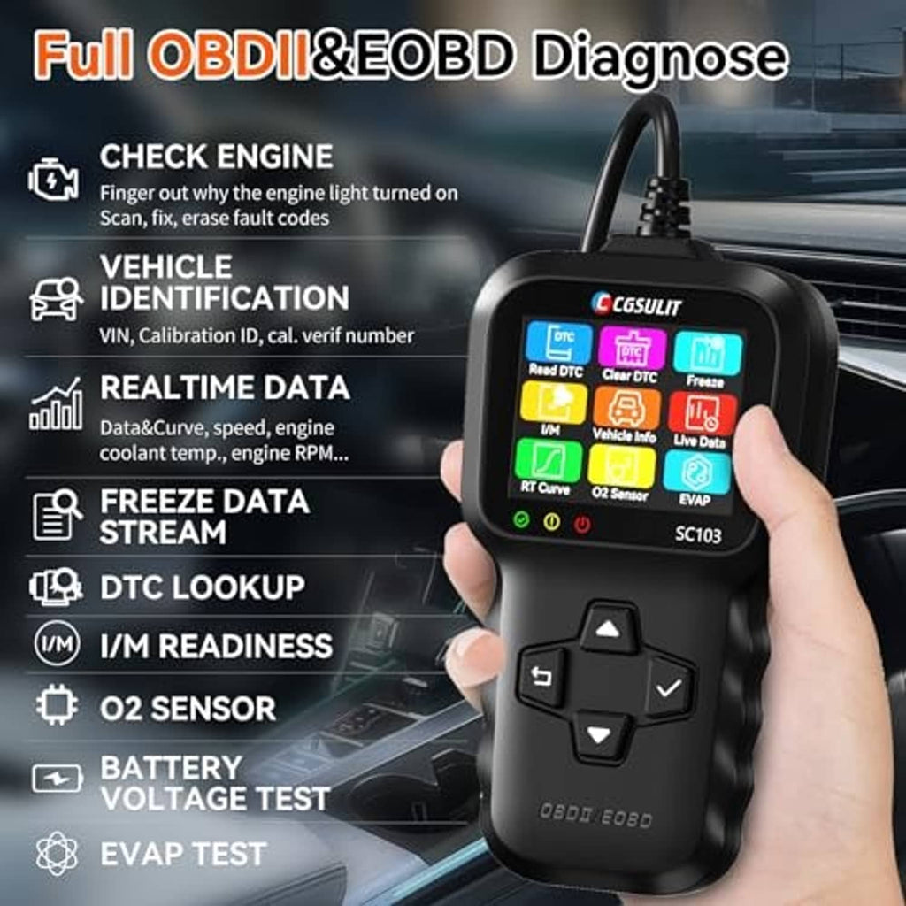 Handheld OBD2 scanner with check engine light, DTC, and readiness options
