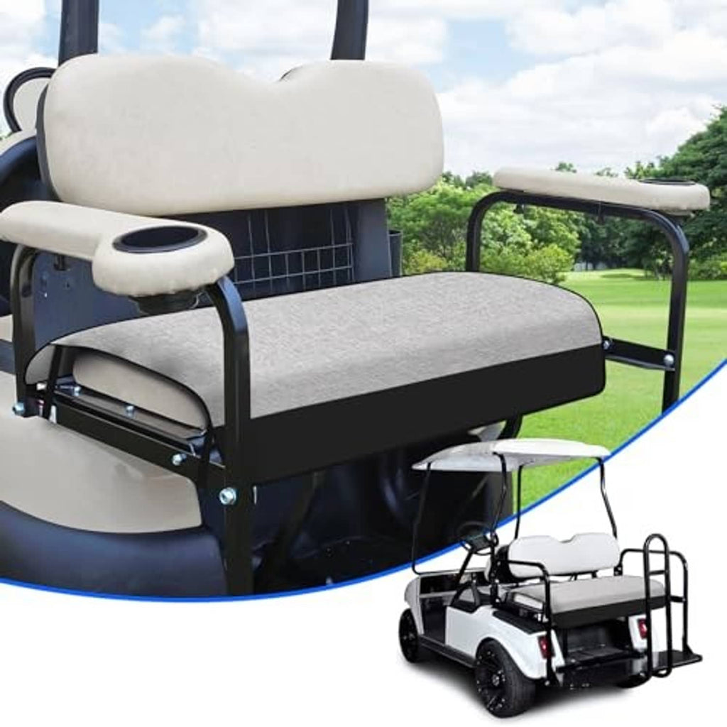 Two-person golf cart seat cover set with light beige headrest and gray seat panel