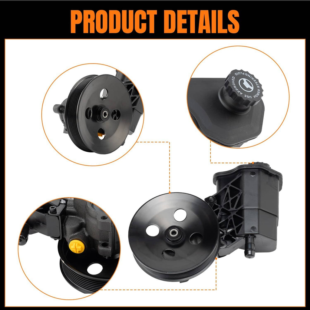 Power steering pump with reservoir close-up views of pulley and mounting ports