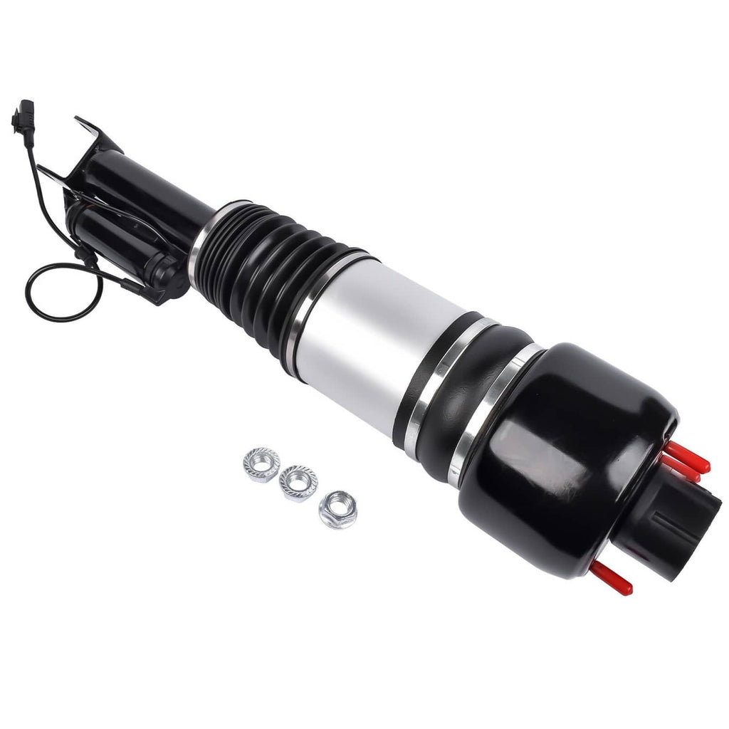 Air suspension strut angled view with silver center sleeve, black coil, black reservoir and hardware