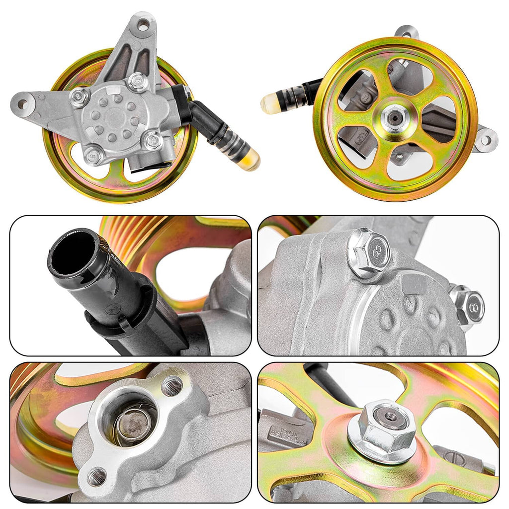 Power steering pump set with rainbow pulley and gray housing in multiple angles