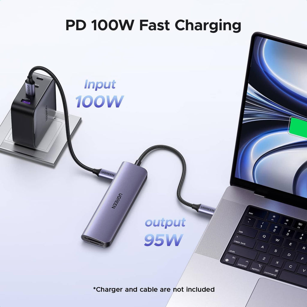 Space gray USB-C hub for 100W fast charging with input/output cables