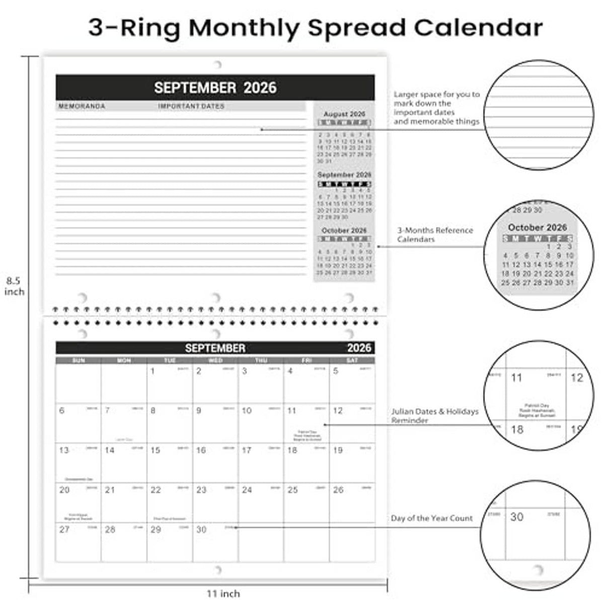 September 2026 3-ring wall calendar, monthly grid with lined memo area