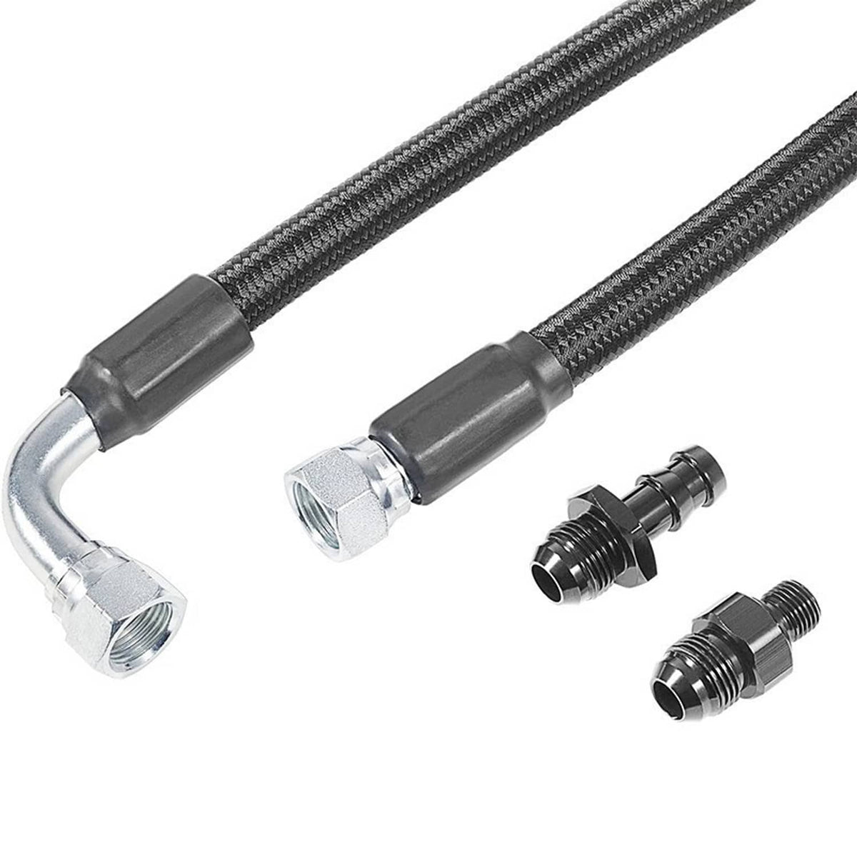 Black braided hoses with silver elbow fittings and black threaded hose adapters