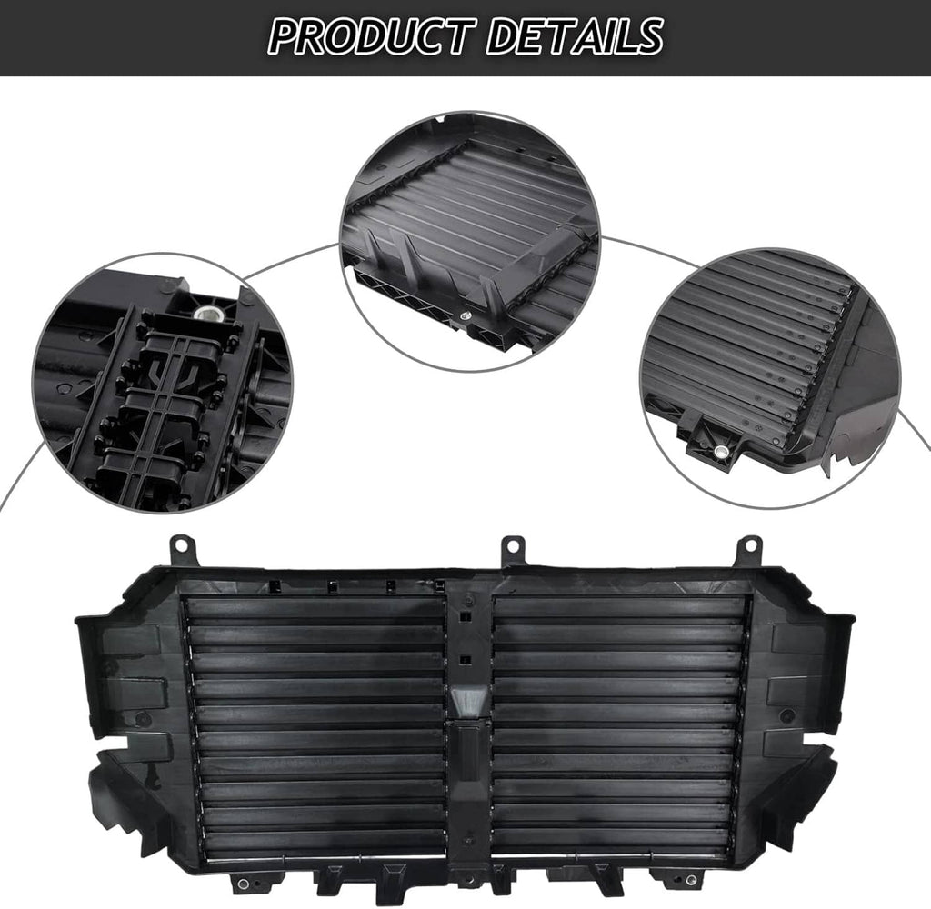 Black grille shutter louver housing with side mounting tabs and vent slats detail