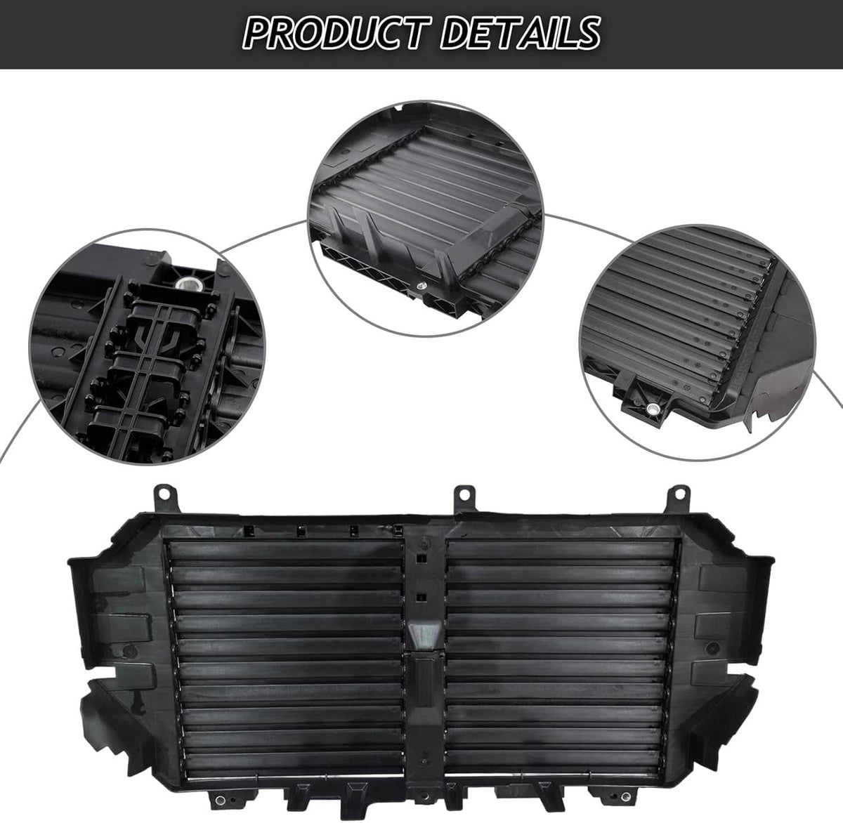 Black grille shutter louver housing with side mounting tabs and vent slats detail