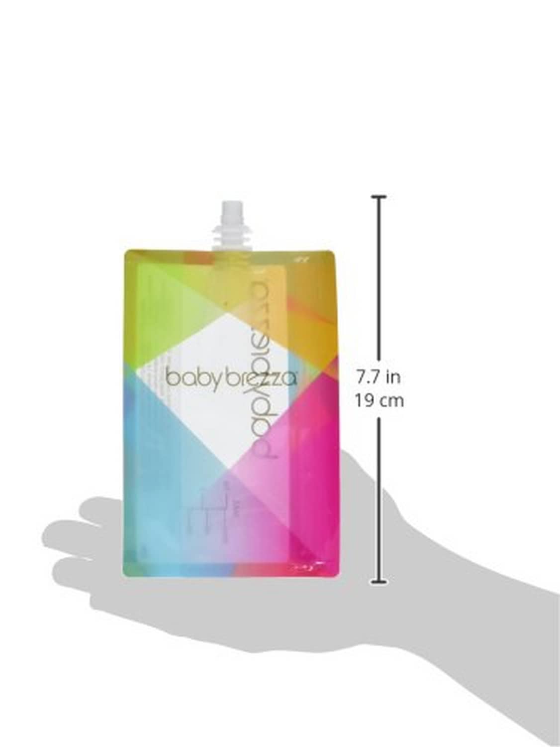 Reusable baby food pouch, multicolor design, about 7.7 in (19 cm) tall with white cap