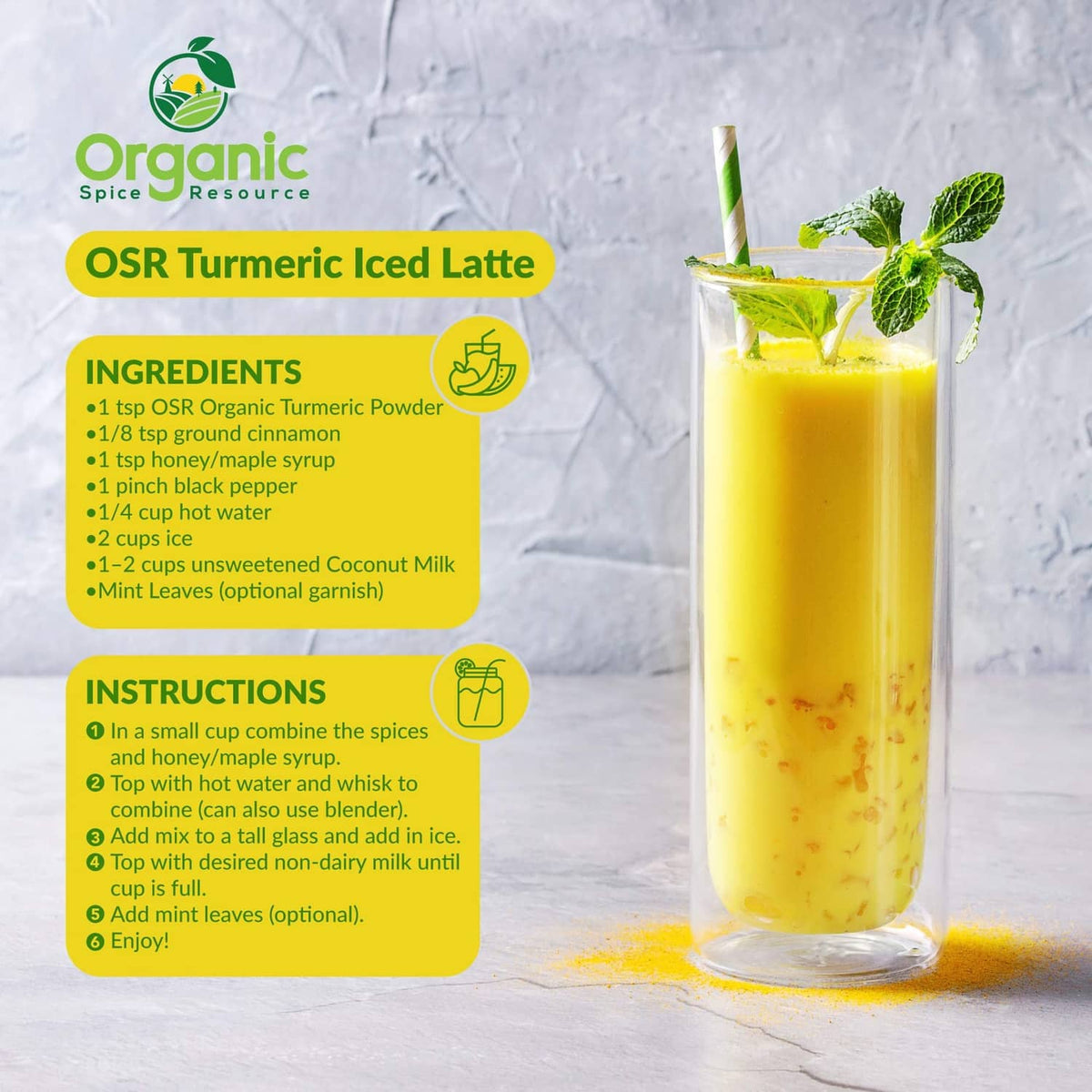 Iced latte recipe card with tall glass drink, mint leaves, and recipe steps