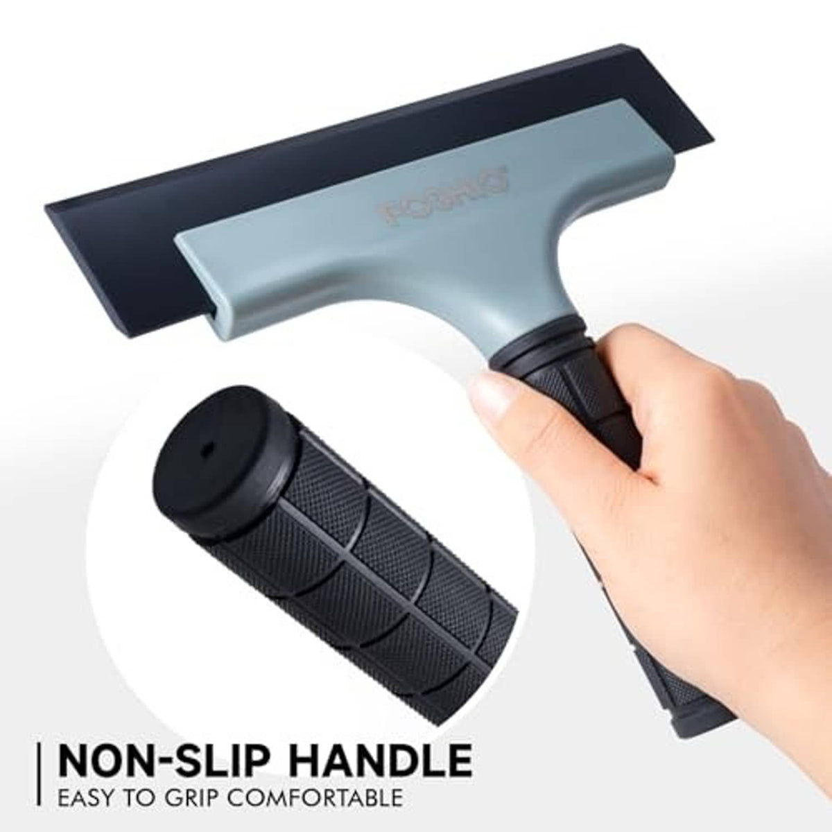 Car window squeegee with non-slip black handle; spare black rubber blade shown