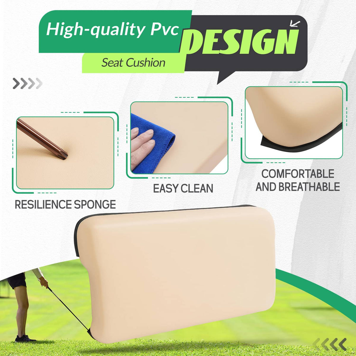 Beige seat bottom cushion with smooth top cover and rounded foam padding
