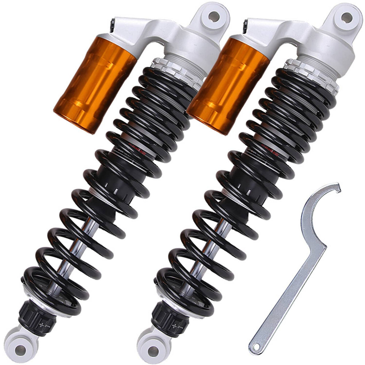 Air shocks with orange reservoirs, black coil springs, and included wrench tool