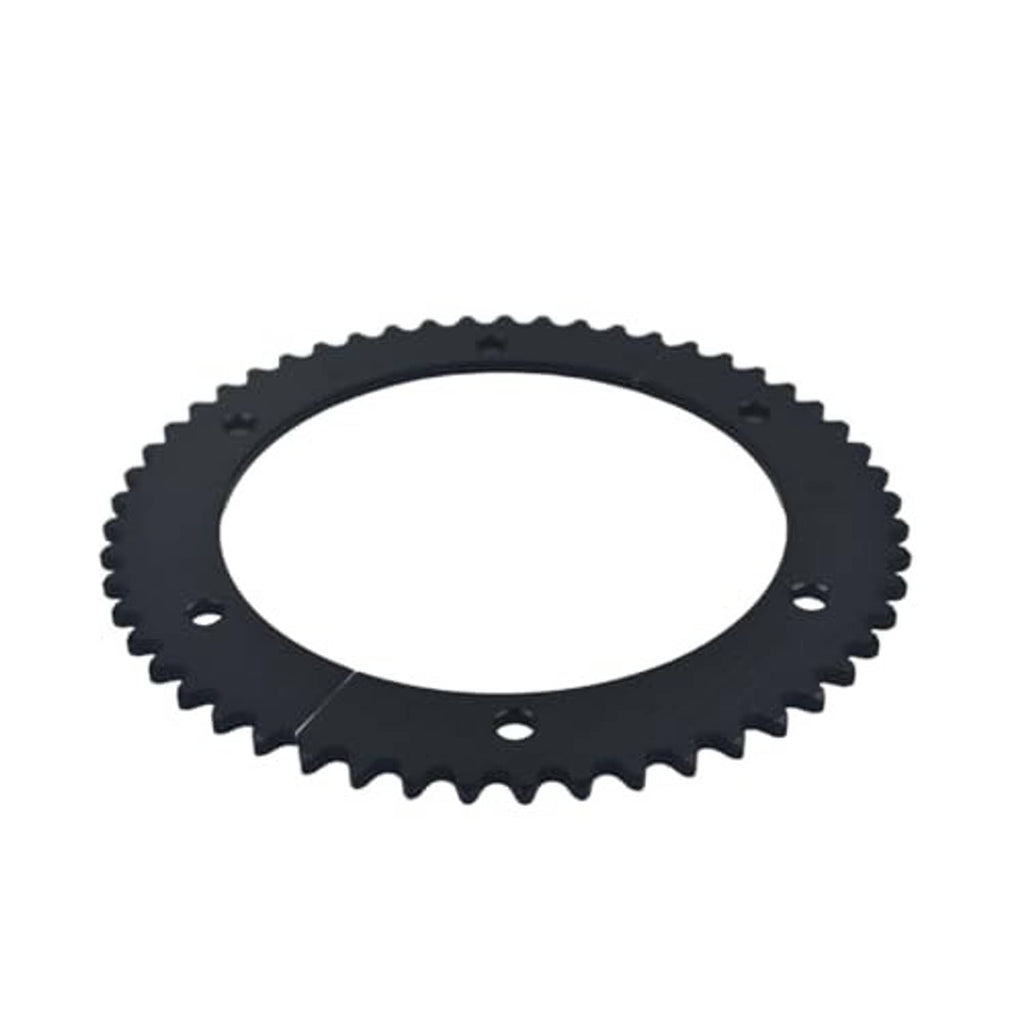 Black chain sprocket with teeth around edge and multiple mounting holes