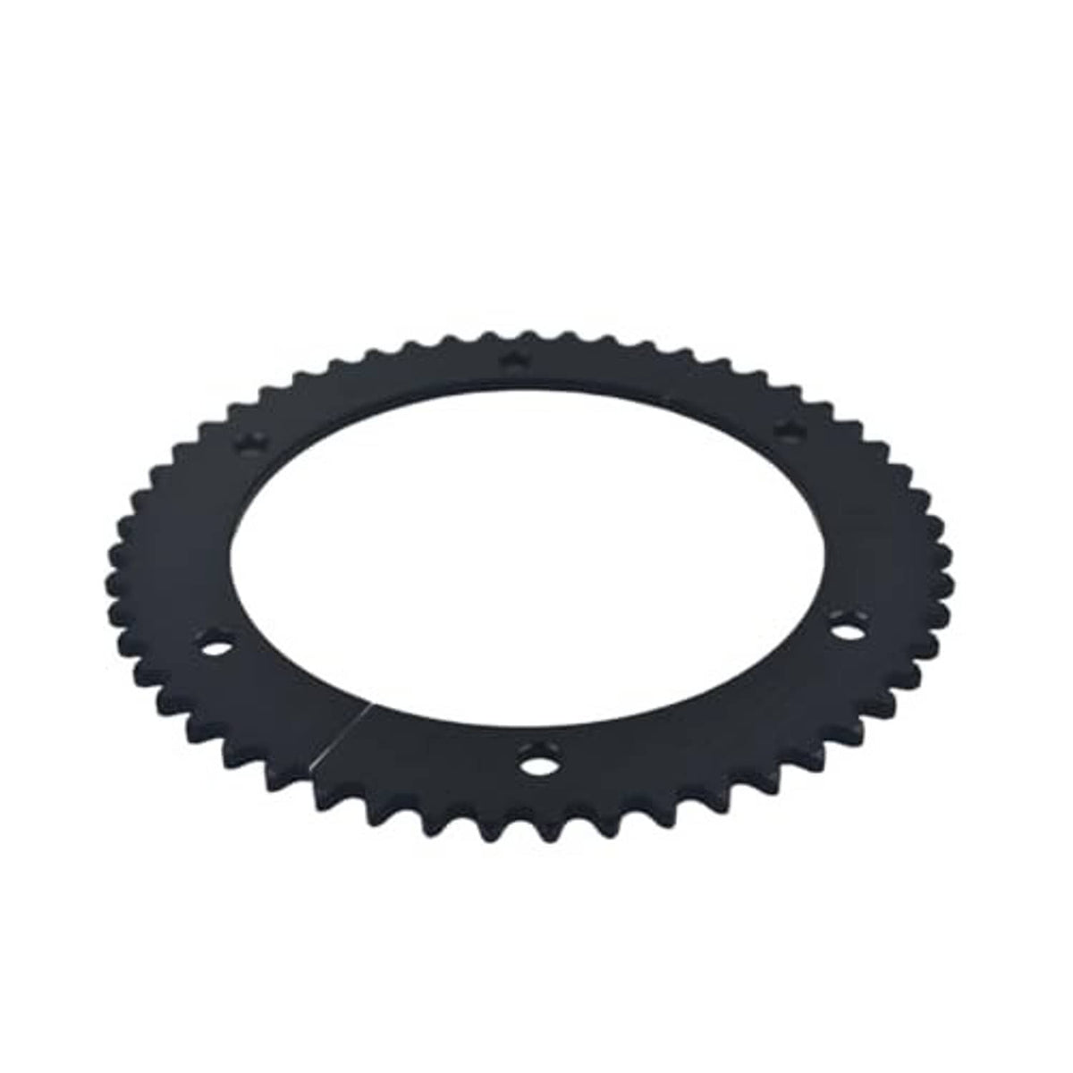 Black chain sprocket with teeth around edge and multiple mounting holes
