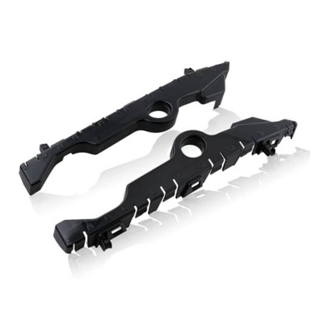 Pair of black front bumper cover guide brackets with circular mounting holes