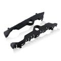 Pair of black front bumper cover guide brackets with circular mounting holes