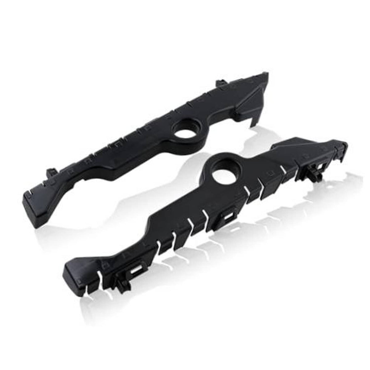 Pair of black front bumper cover guide brackets with circular mounting holes