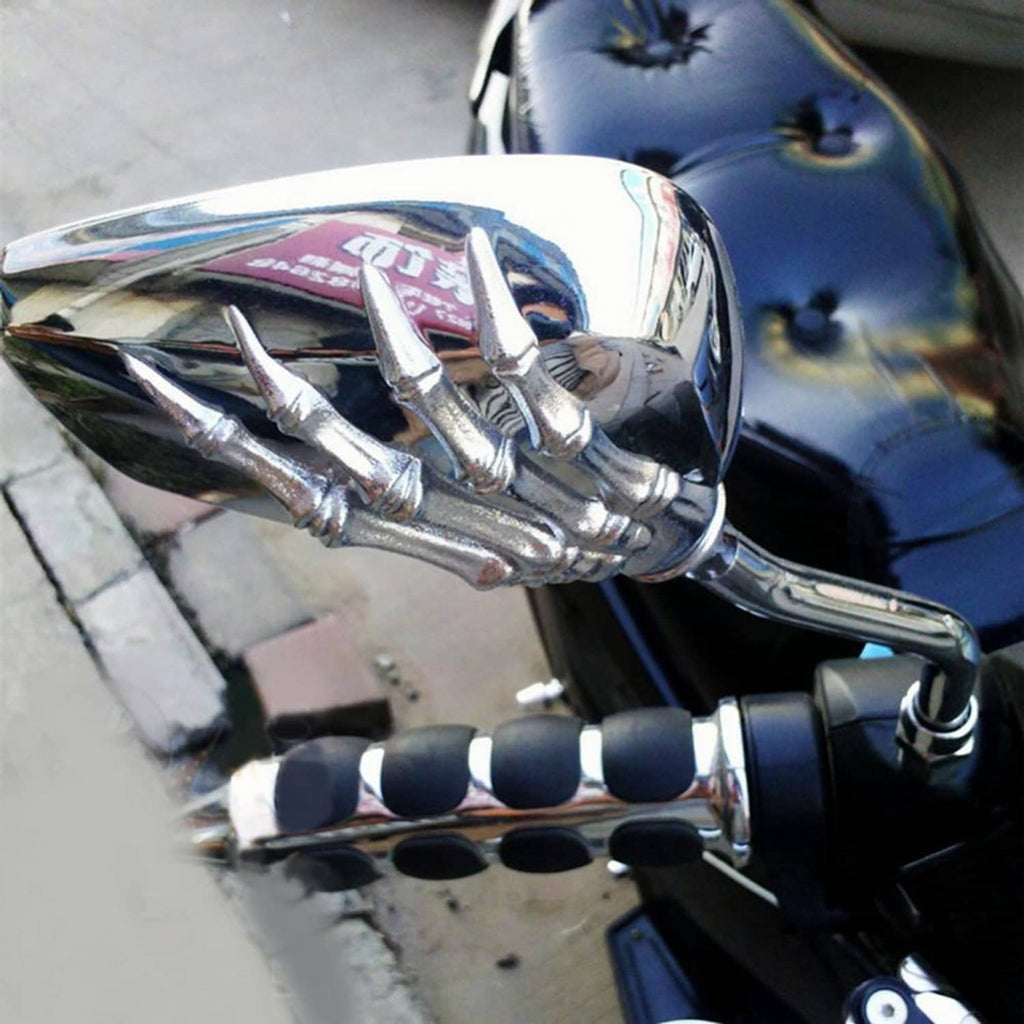 Chrome skull-claw mirror end with reflective rectangular lens and curved mounting stem