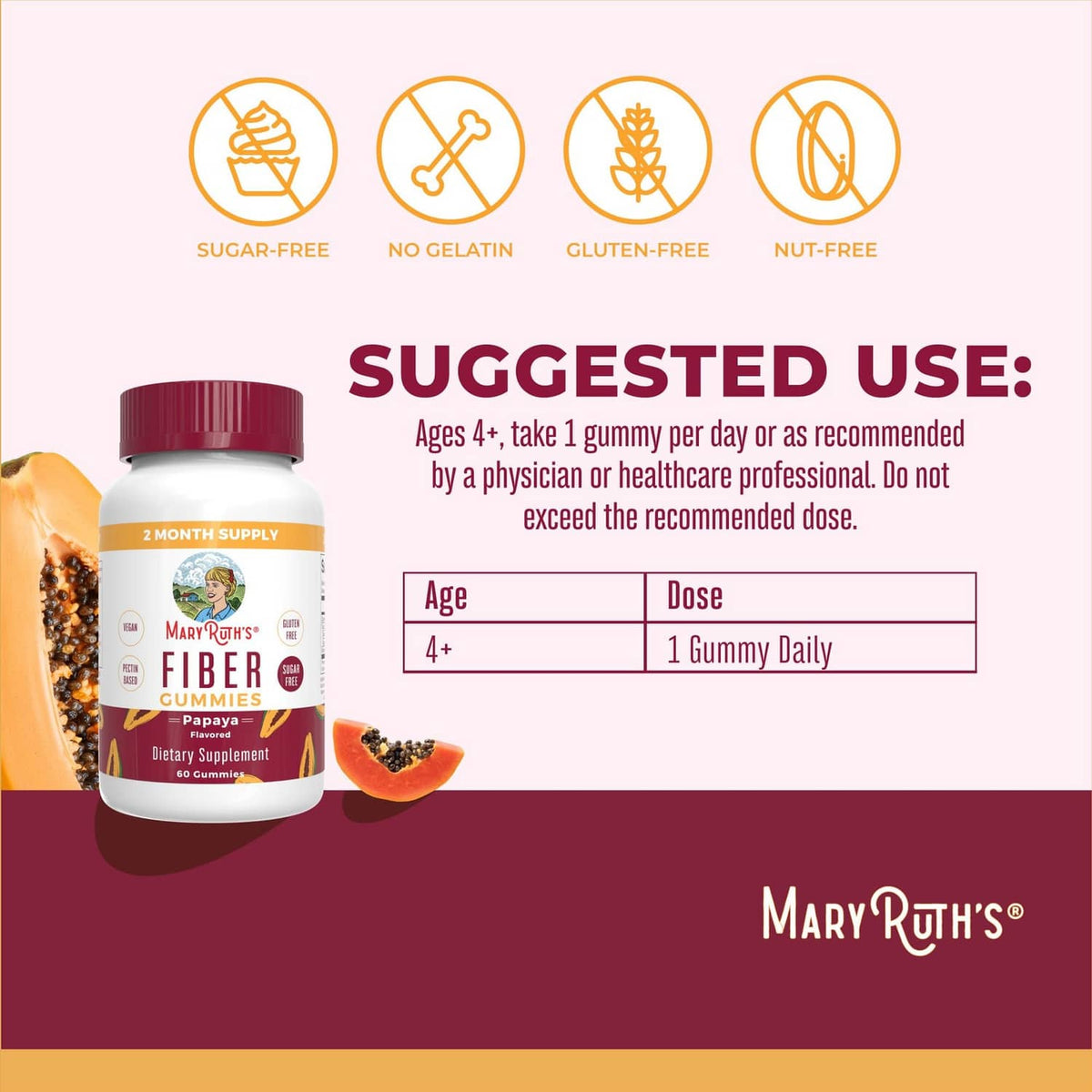 MARYRUTH'S Fiber Gummies bottle with maroon cap, papaya flavor, vegan sugar-free gummies