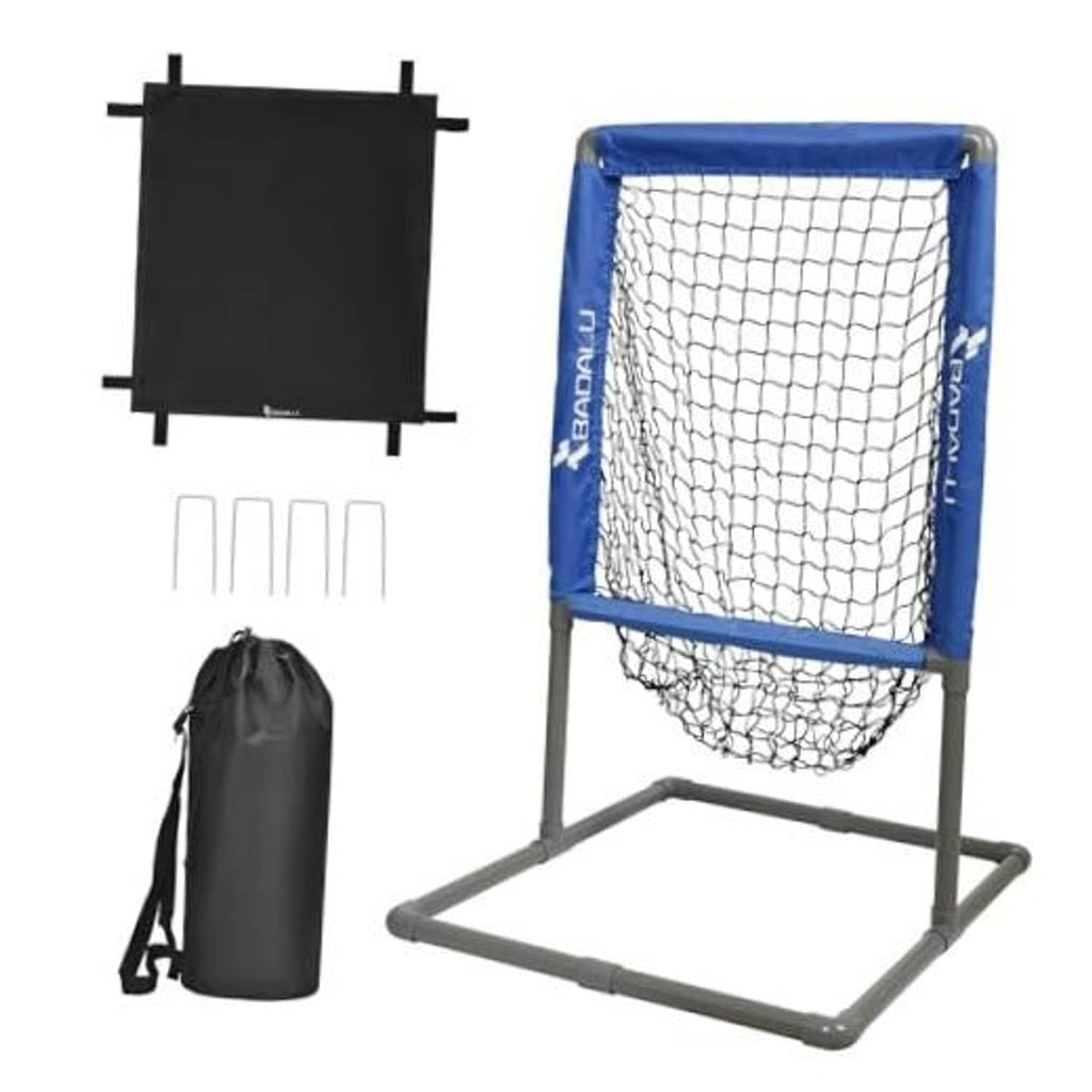 2-in-1 pitching strike zone net set with blue mesh, black panel, gray frame, carry bag