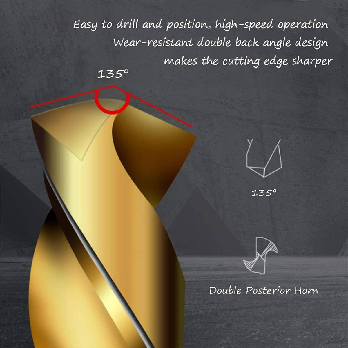 Gold cobalt spiral drill bit with fluted body and cutting edge tip for drilling