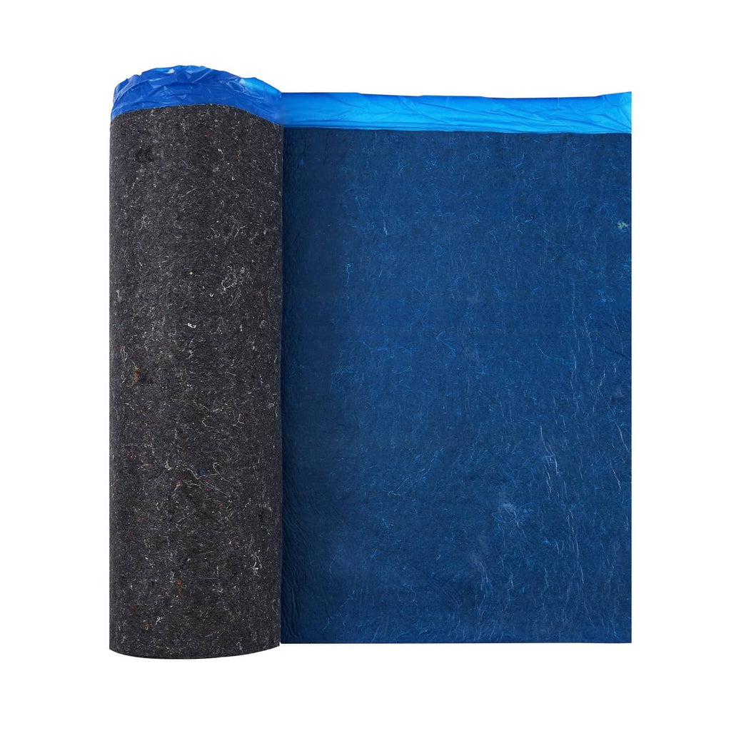 Blue floor underlayment roll with dark recycled fiber side, wrapped for storage