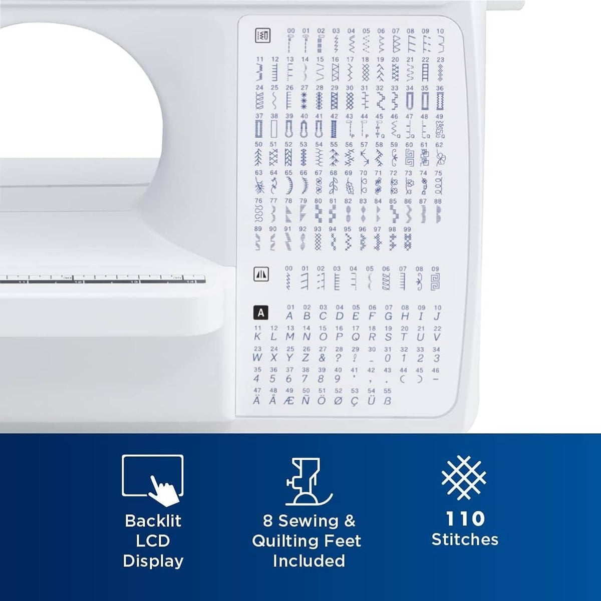Computerized sewing machine control panel with backlit LCD stitch selector buttons