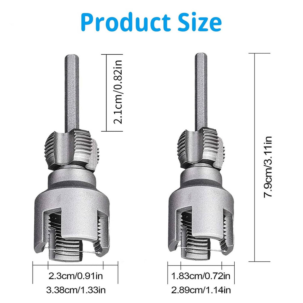 PVC pipe threader tool with toothed die head and handle, size measurements shown