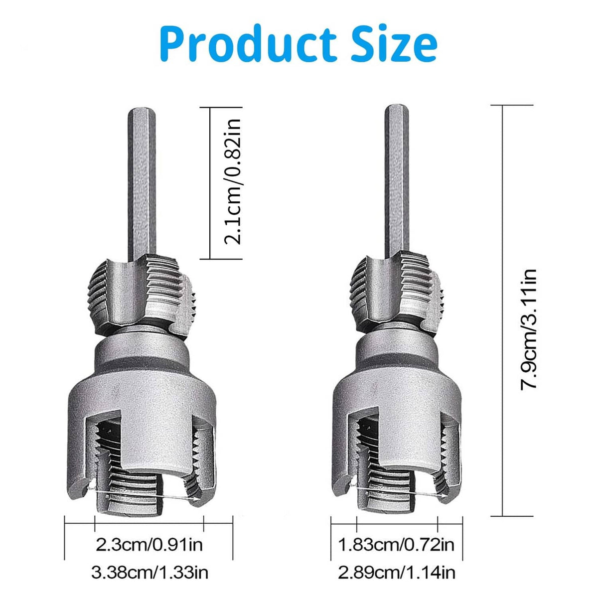 PVC pipe threader tool with toothed die head and handle, size measurements shown