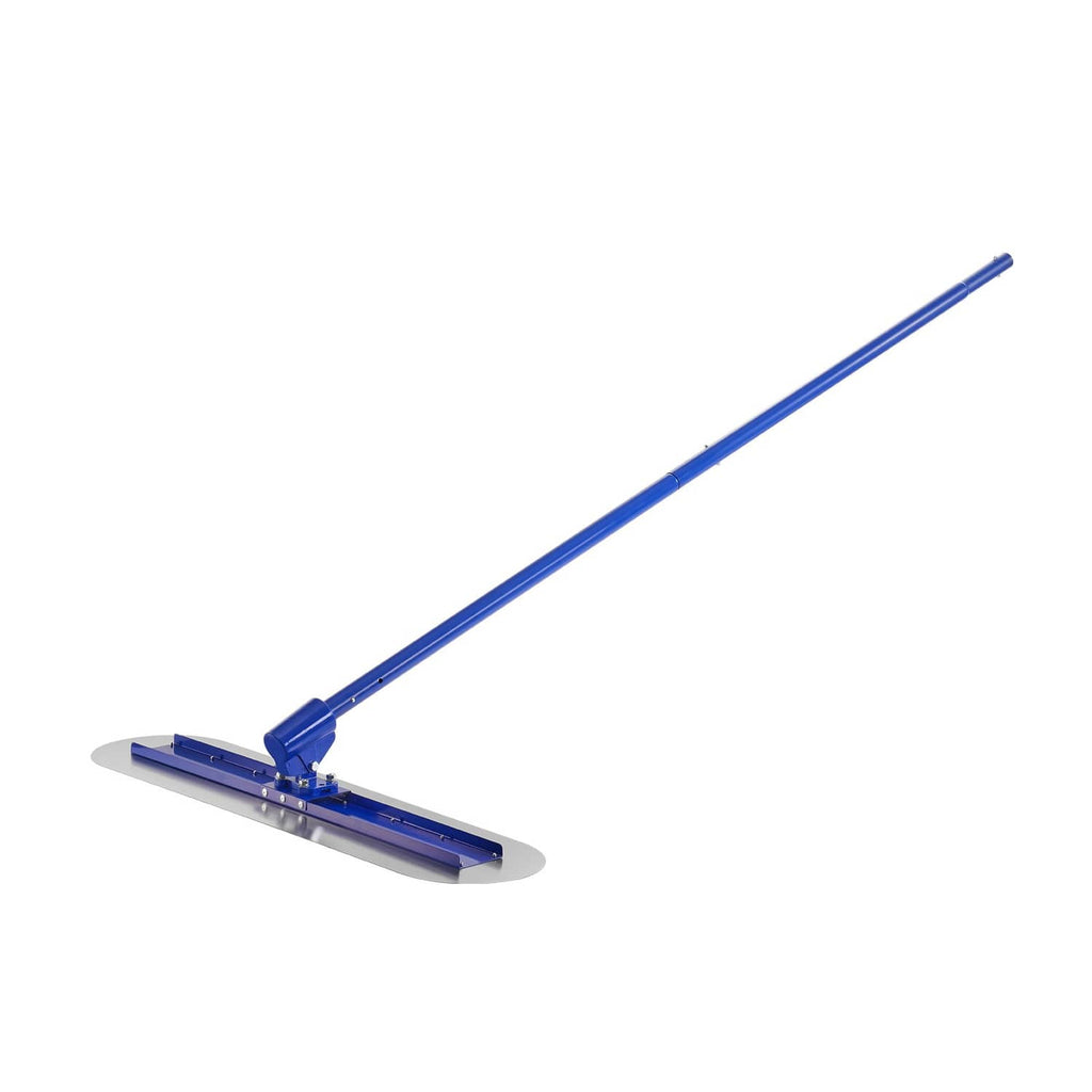 Concrete bull float with blue bar and rounded ends, long handle raised