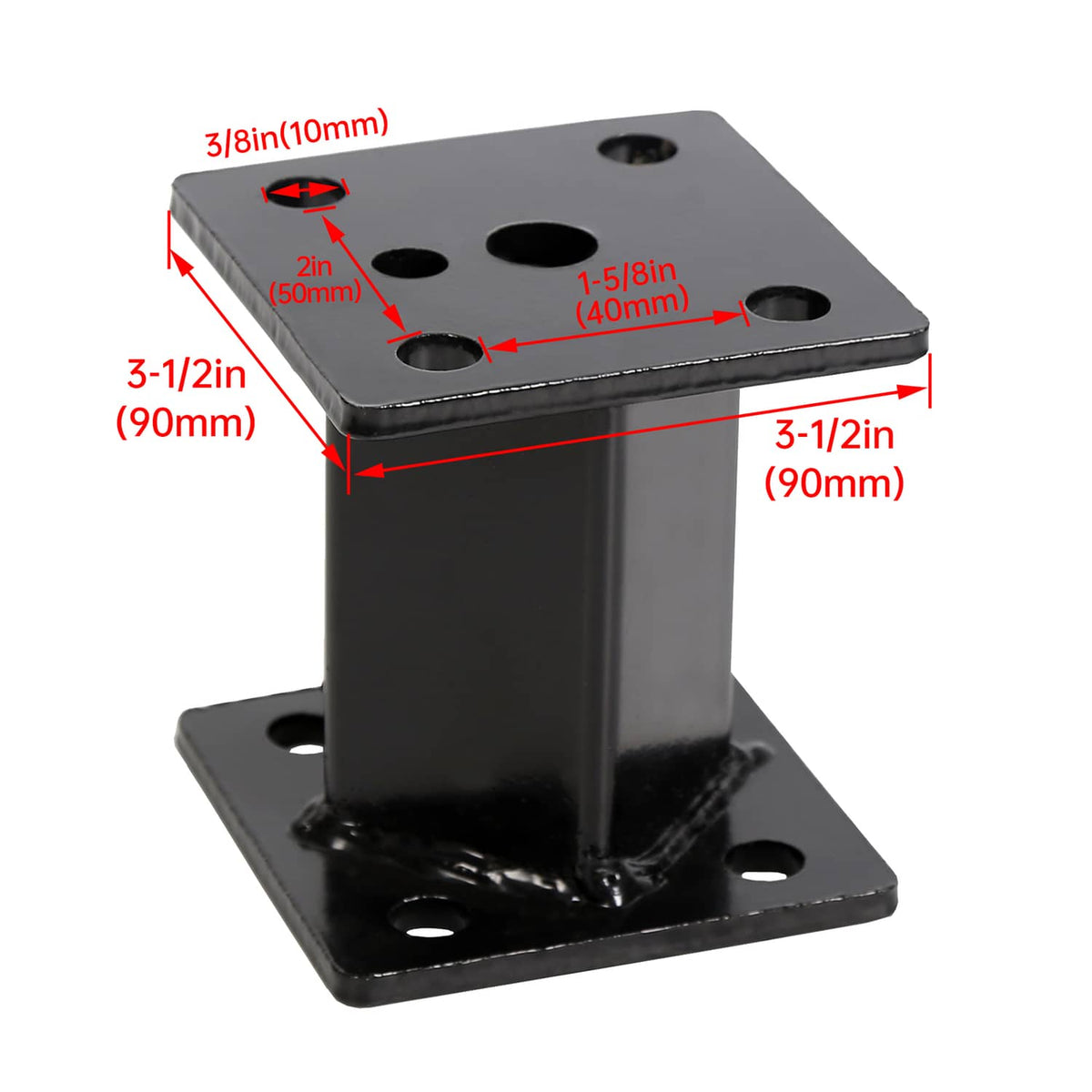 Black steel lift block with mounting holes, labeled dimensions for 4 in kit