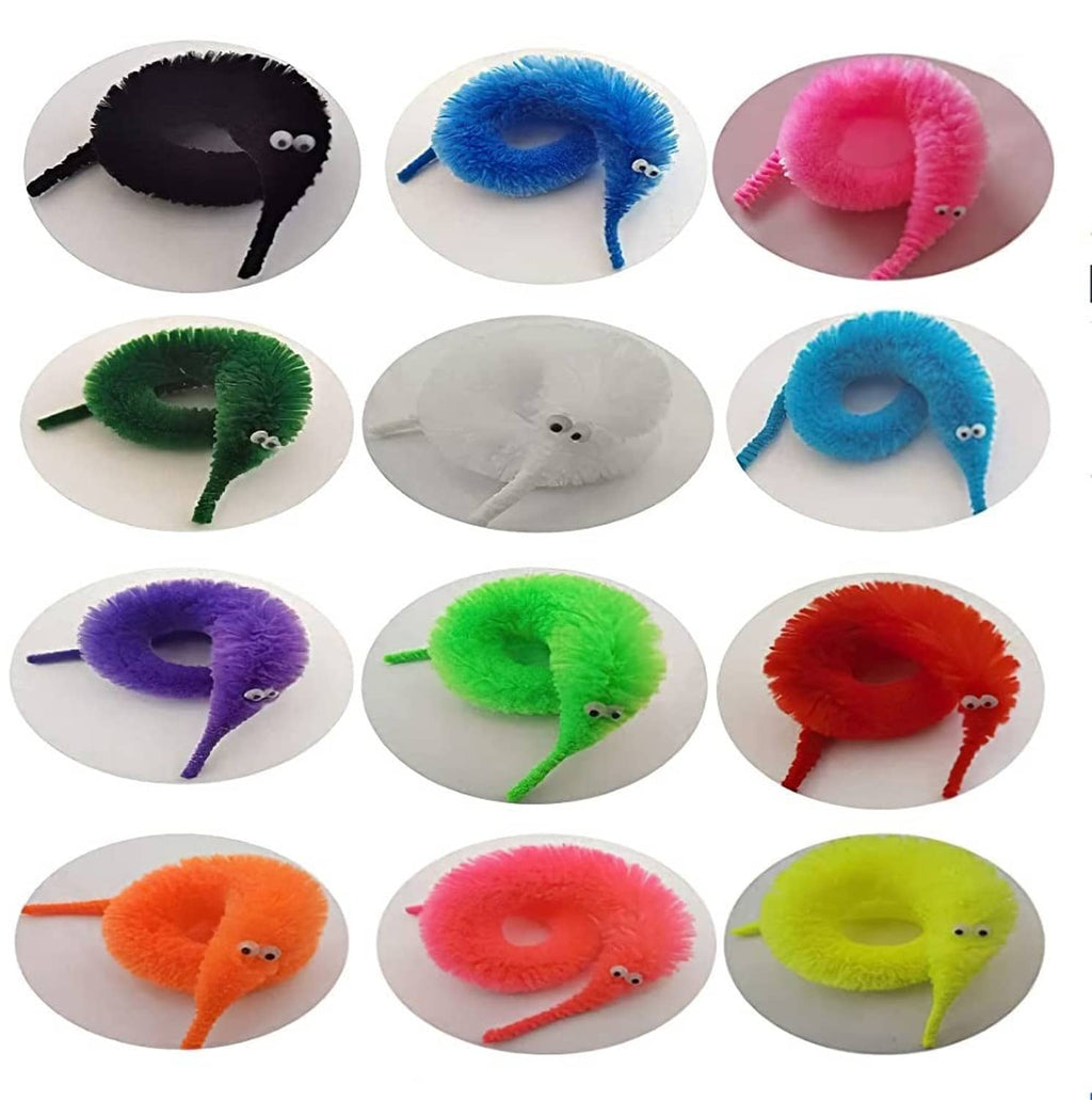 Multiple colored fuzzy worm toys on strings with googly eyes, set view