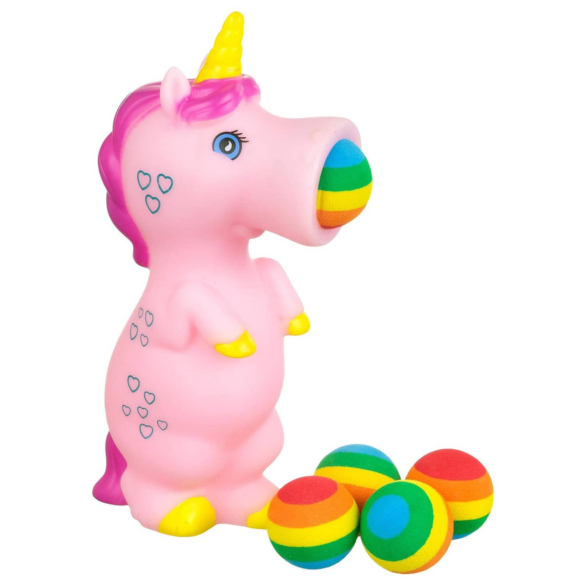 Medium unicorn foam ball popper toy with rainbow-striped launcher and 3 foam balls