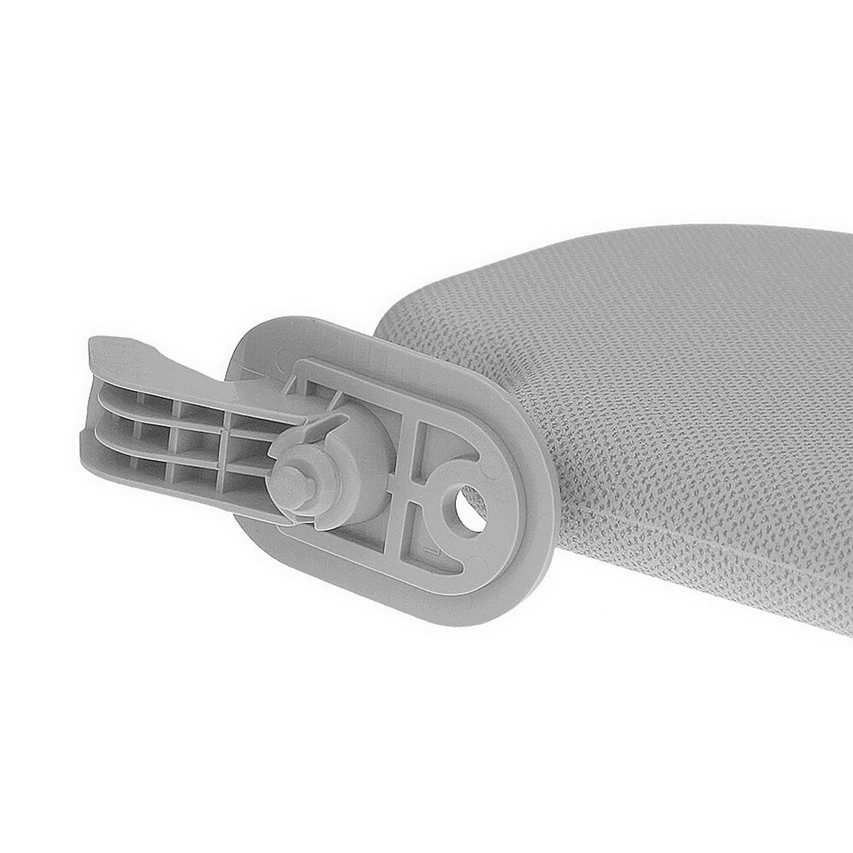 Underside detail of gray sun visor arm with mounting latch and vent-like grooves