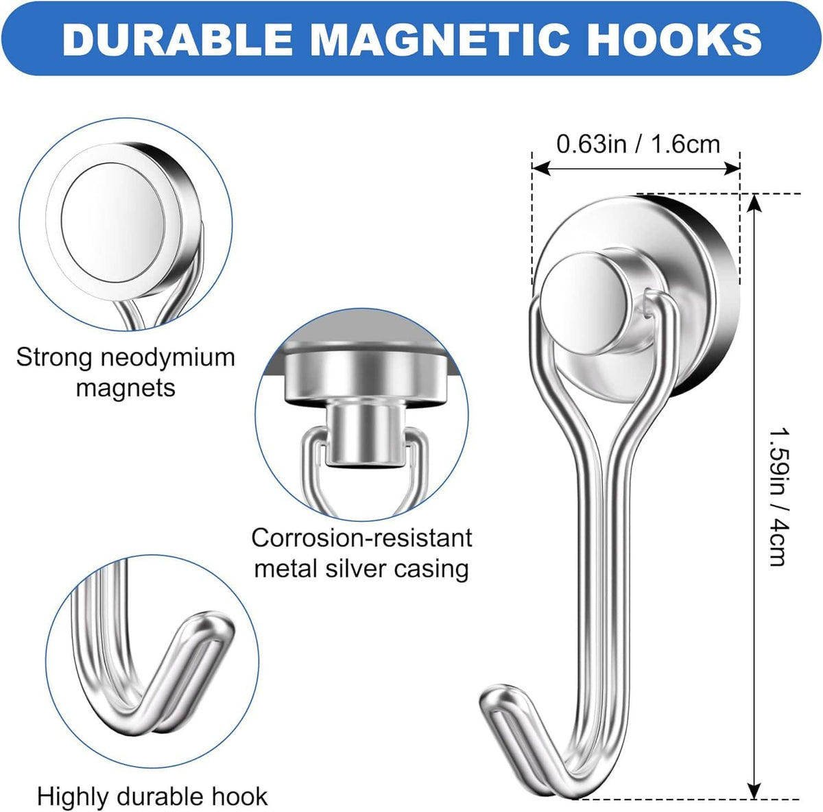Swivel magnetic hook with round magnet base and curved metal hanger, shown with size marks