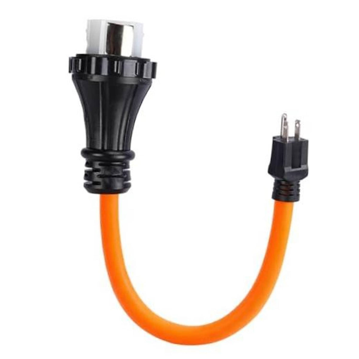 Orange RV adapter cord with twist-lock outlet and silver grounded male plug