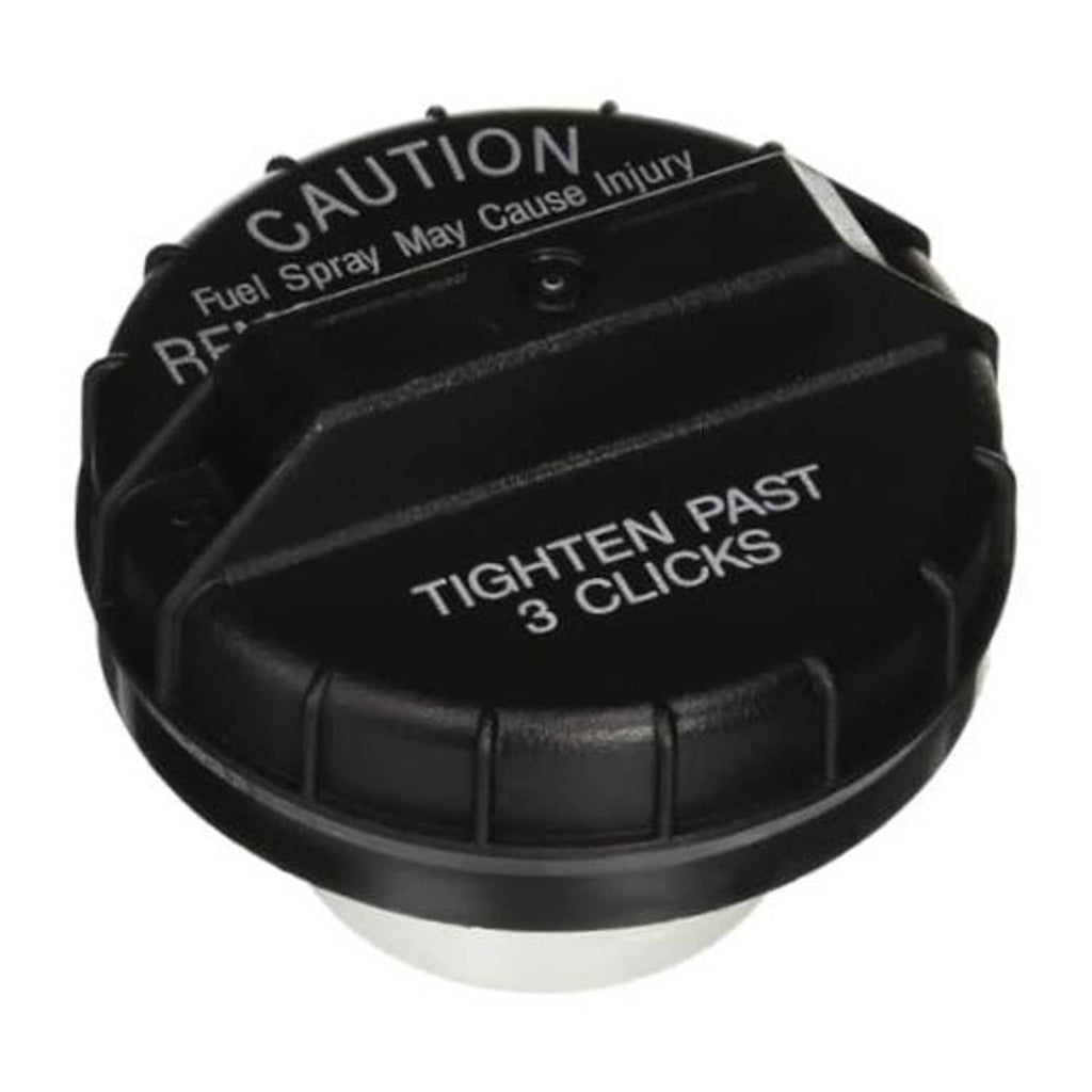 Black fuel tank gas cap with warning text panel and outer tabs