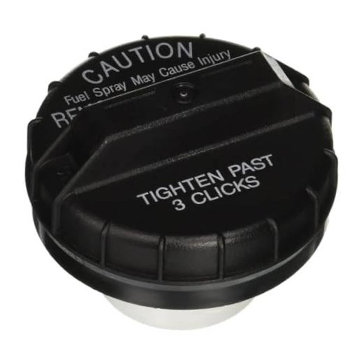 Black fuel tank gas cap with warning text panel and outer tabs