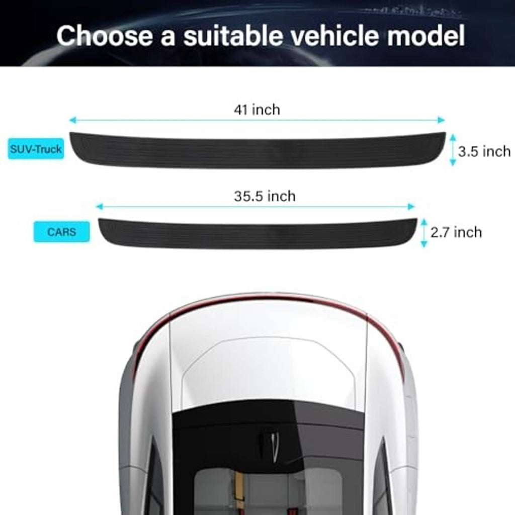 Black rear bumper protector cover with curved fit shape and sizing guide lines