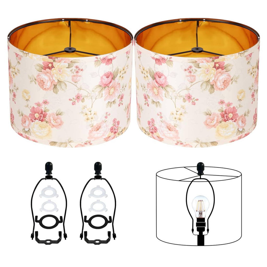 Floral drum lamp shades set of 2, pink rose pattern, with black mounting spider