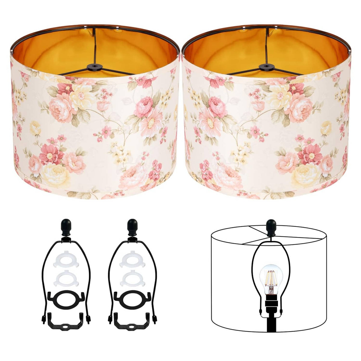 Floral drum lamp shades set of 2, pink rose pattern, with black mounting spider