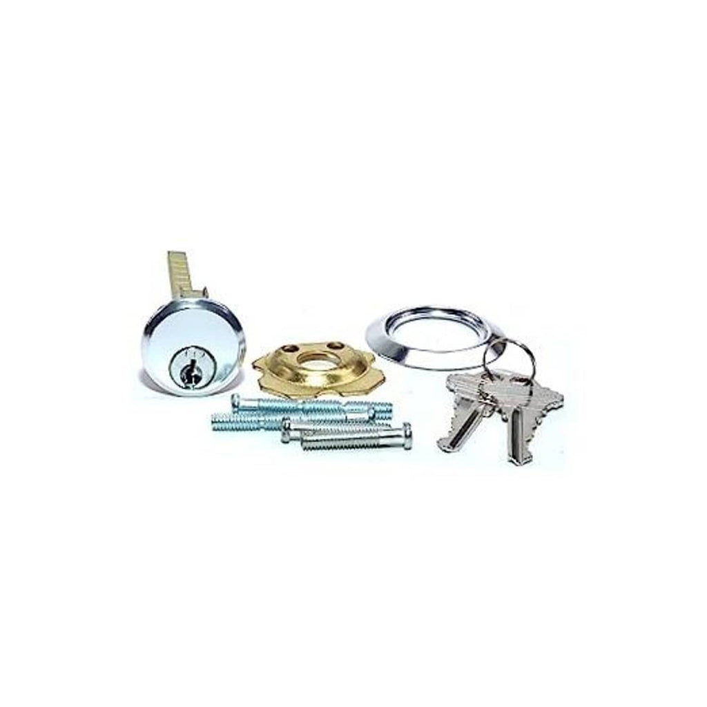 Lock cylinder kit with chrome cylinder, two keys, screws, and brass mounting plate