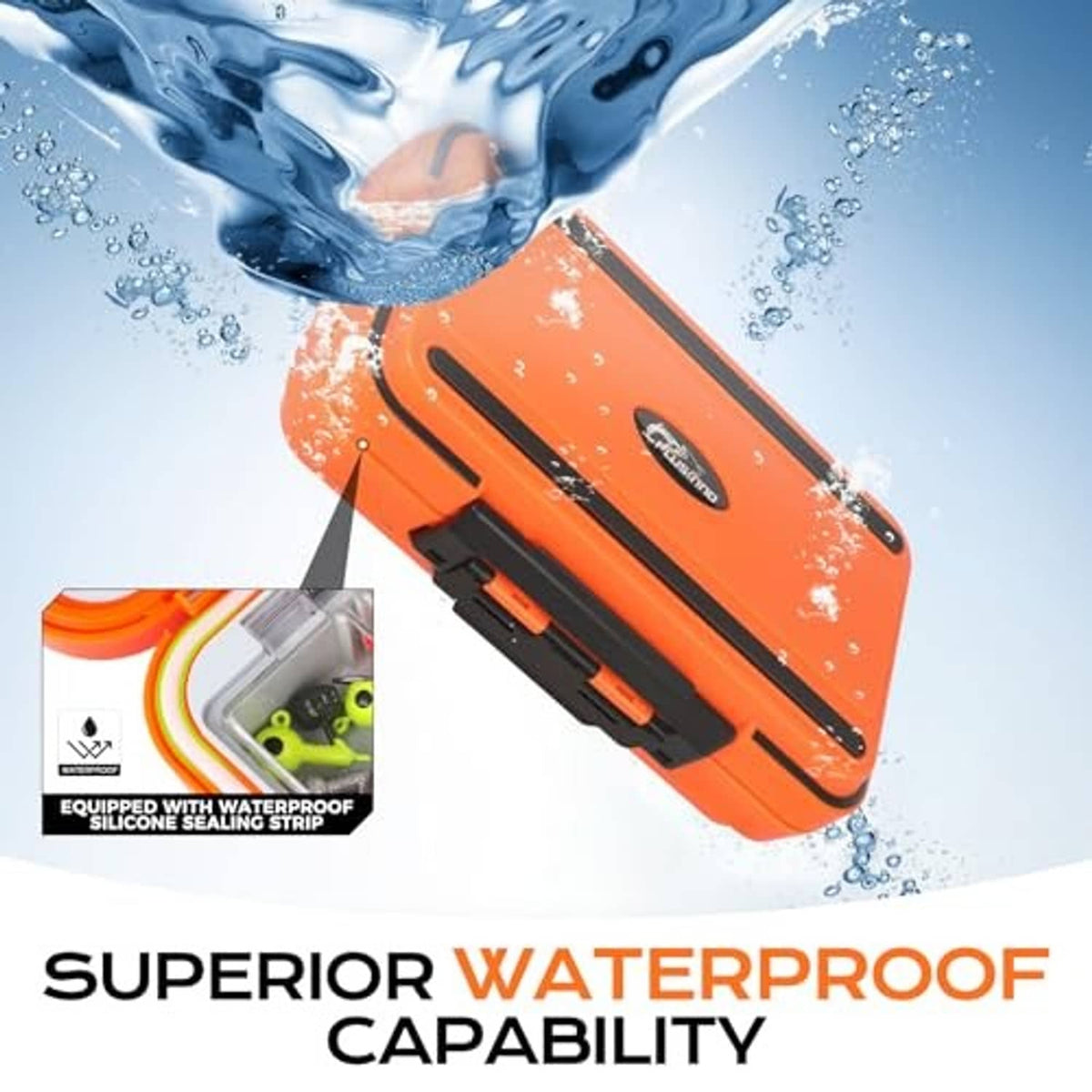 Waterproof orange tackle box with black dividers, shown with water splash