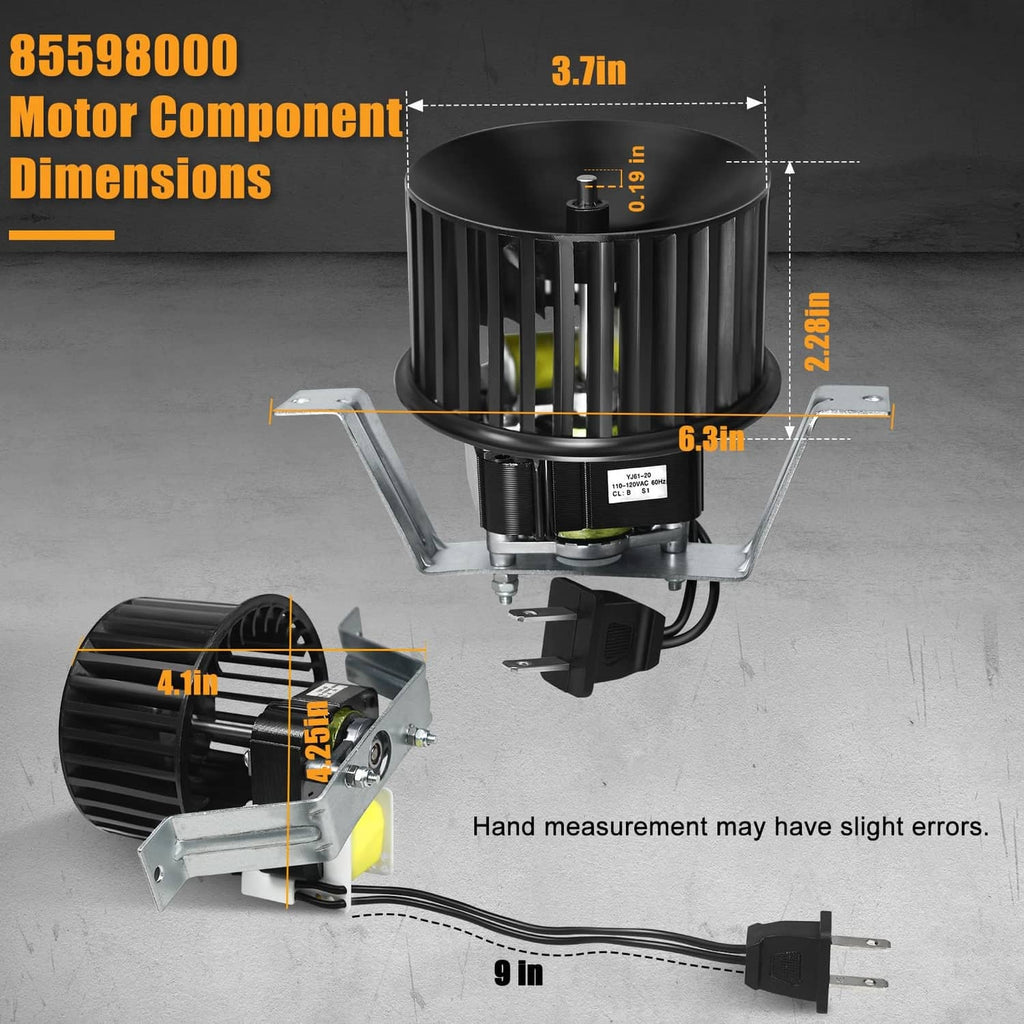Bathroom exhaust fan motor assembly with black fan housing, brackets, and power plug