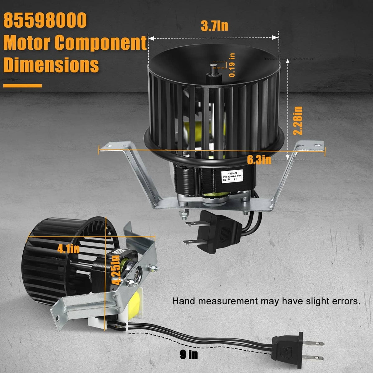 Bathroom exhaust fan motor assembly with black fan housing, brackets, and power plug