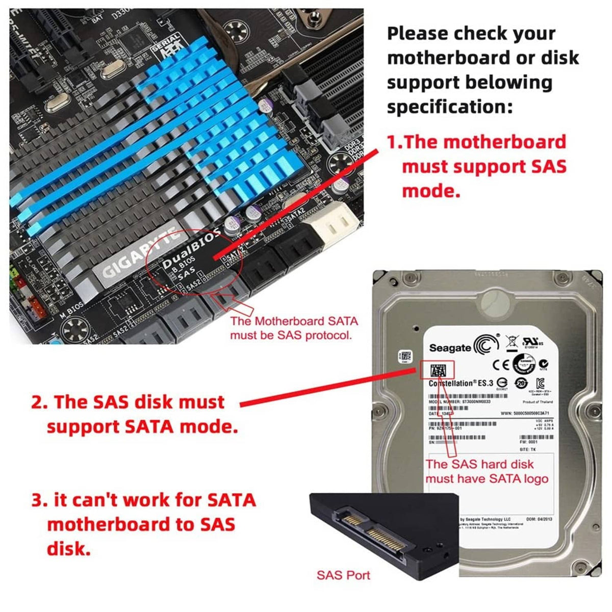 SAS-to-SATA cable compatibility diagram showing motherboard and hard drive connections