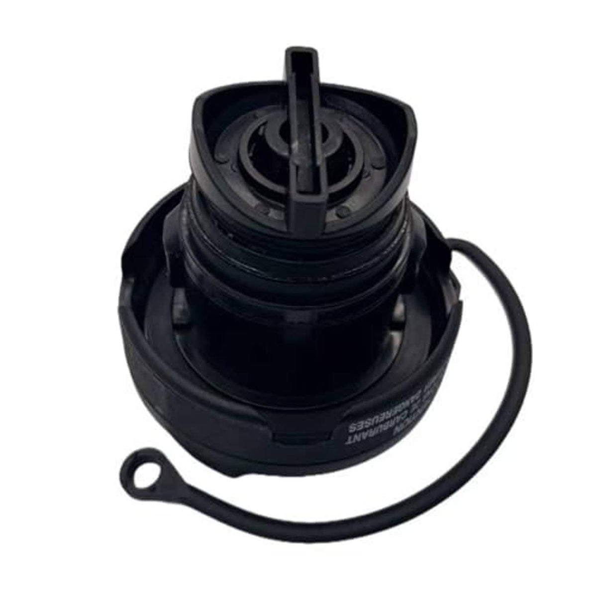 Black fuel tank filler cap assembly with tethered hose loop