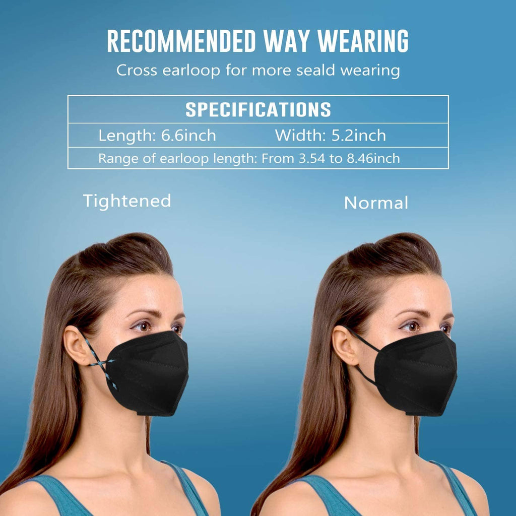 WWDOLL KN95 face mask, black on a person, secure earloop fit for adult